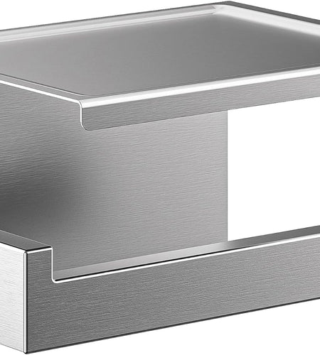 Brushed Nickel Toilet Paper Holder, Stick on Silver Toilet Paper Holder with Shelf, Self Adhesive No Drill or Wall-Mount with Screws for Bathroom